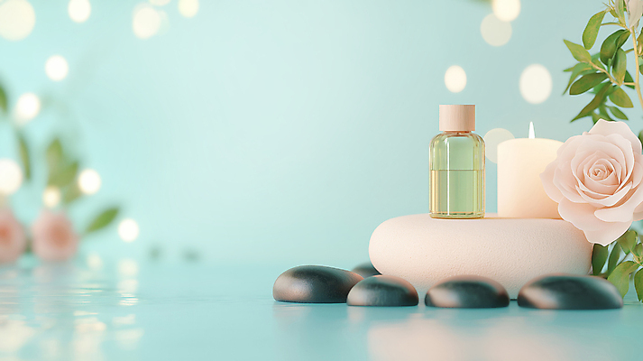 JPG 편집이미지 하늘색 잎 촛불 사람없음 물 장미 평화 돌_바위 보케 힐링 아로마 오일병 아로마오일 편집실사 AI포토 AI콘텐츠 자연요소 식물 꽃 컨셉 초 파란색 오일_화장품 CG 파일형식