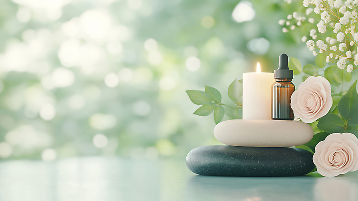 JPG 편집이미지 잎 촛불 사람없음 초록색 장미 평화 돌_바위 보케 힐링 아로마 오일병 아로마오일 편집실사 AI포토 AI콘텐츠 식물 꽃 컬러 컨셉 초 오일_화장품 CG 파일형식
