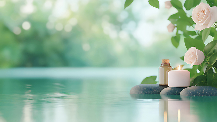 JPG 편집이미지 잎 촛불 사람없음 초록색 물 장미 평화 돌_바위 힐링 아로마 오일병 아로마오일 편집실사 AI포토 AI콘텐츠 자연요소 식물 꽃 컬러 컨셉 초 오일_화장품 CG 파일형식