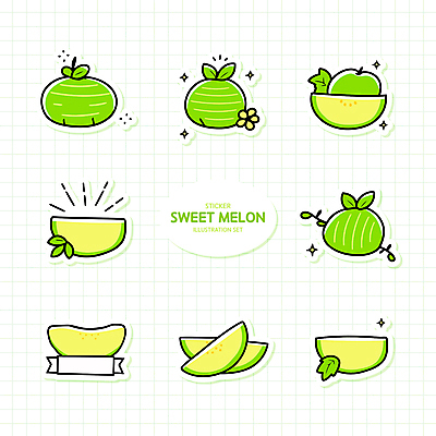 스티커 잎 일러스트 단면 사람없음 연두색 세트 멜론 격자 엘리먼트 국내일러스트 AI파일 식물 무늬 과일 초록색 파일형식 벡터