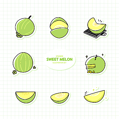 스티커 잎 일러스트 단면 사람없음 연두색 세트 멜론 격자 엘리먼트 국내일러스트 AI파일 식물 무늬 과일 초록색 파일형식 벡터