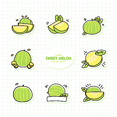 스티커 잎 일러스트 단면 사람없음 연두색 세트 멜론 격자 엘리먼트 국내일러스트 AI파일 식물 무늬 과일 초록색 파일형식 벡터