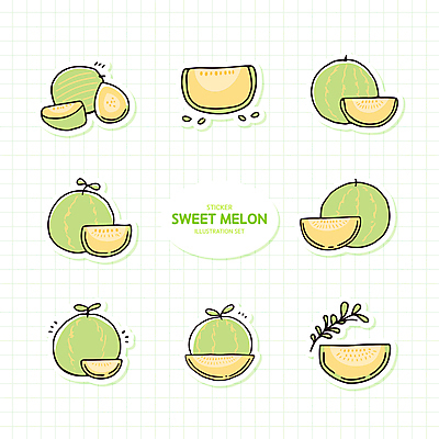 스티커 잎 일러스트 단면 사람없음 연두색 세트 멜론 격자 엘리먼트 국내일러스트 AI파일 식물 무늬 과일 초록색 파일형식 벡터