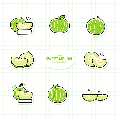 스티커 잎 일러스트 단면 사람없음 연두색 세트 멜론 격자 엘리먼트 국내일러스트 AI파일 식물 무늬 과일 초록색 파일형식 벡터