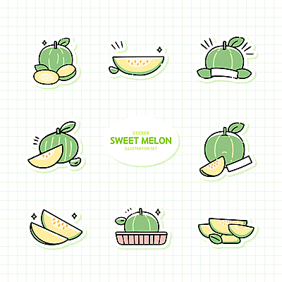 스티커 잎 일러스트 단면 사람없음 연두색 세트 멜론 격자 엘리먼트 국내일러스트 AI파일 식물 무늬 과일 초록색 파일형식 벡터