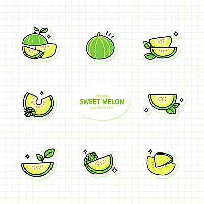 스티커 잎 일러스트 단면 사람없음 연두색 세트 멜론 격자 엘리먼트 국내일러스트 AI파일 식물 무늬 과일 초록색 파일형식 벡터