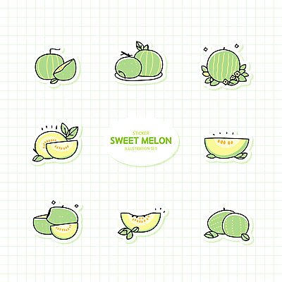 스티커 잎 일러스트 단면 사람없음 연두색 세트 멜론 격자 엘리먼트 국내일러스트 AI파일 식물 무늬 과일 초록색 파일형식 벡터