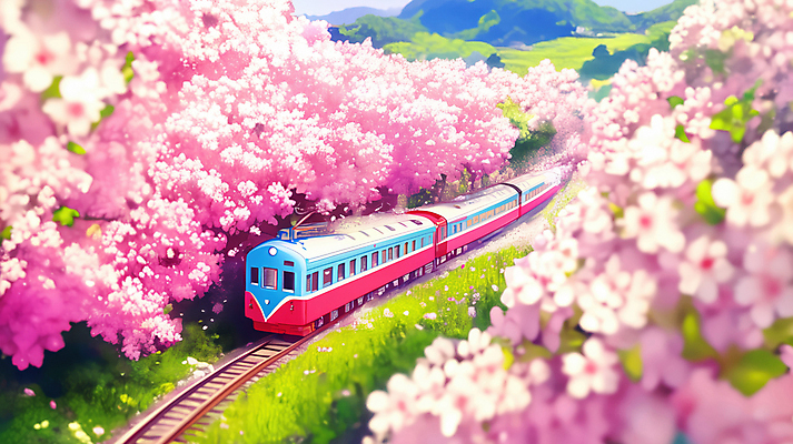 JPG 분홍색 일러스트 봄꽃 산 잔디 사람없음 봄풍경 기찻길 기차 벚나무 국내일러스트 AI일러스트 AI콘텐츠 나무 식물 꽃 육상교통 컬러 대중교통 풍경 봄 벚꽃 파일형식