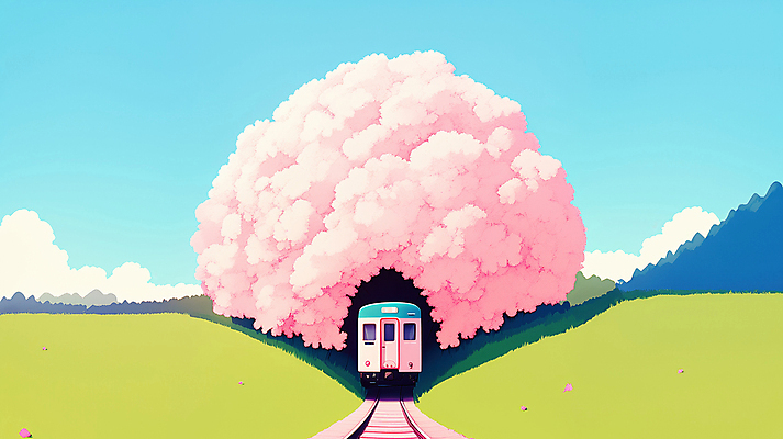 JPG 구름 분홍색 일러스트 봄꽃 하늘 산 잔디 사람없음 봄풍경 기찻길 기차 터널 벚나무 국내일러스트 AI일러스트 AI콘텐츠 자연요소 나무 식물 꽃 길 육상교통 컬러 대중교통 풍경 봄 벚꽃 파일형식