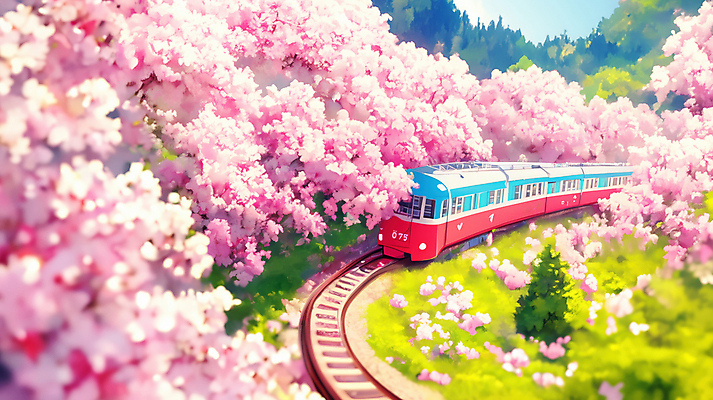 JPG 분홍색 일러스트 봄꽃 잔디 사람없음 봄풍경 기찻길 기차 벚나무 국내일러스트 AI일러스트 AI콘텐츠 나무 식물 꽃 육상교통 컬러 대중교통 풍경 봄 벚꽃 파일형식