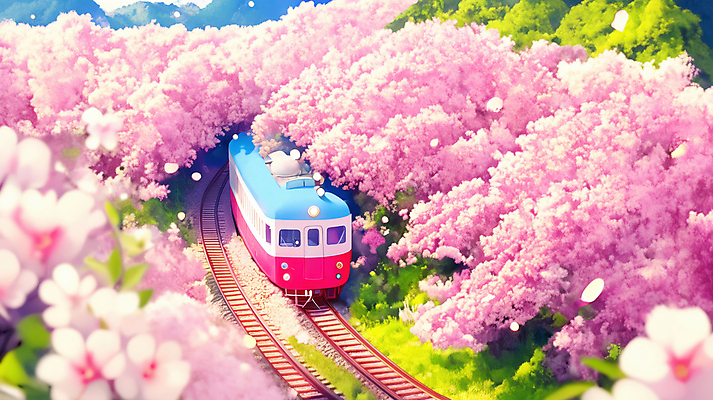 JPG 분홍색 일러스트 봄꽃 잔디 사람없음 봄풍경 기찻길 기차 벚나무 국내일러스트 AI일러스트 AI콘텐츠 나무 식물 꽃 육상교통 컬러 대중교통 풍경 봄 벚꽃 파일형식