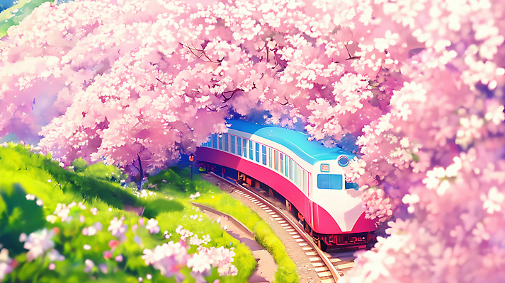 JPG 분홍색 일러스트 봄꽃 잔디 사람없음 봄풍경 기찻길 기차 벚나무 국내일러스트 AI일러스트 AI콘텐츠 나무 식물 꽃 육상교통 컬러 대중교통 풍경 봄 벚꽃 파일형식