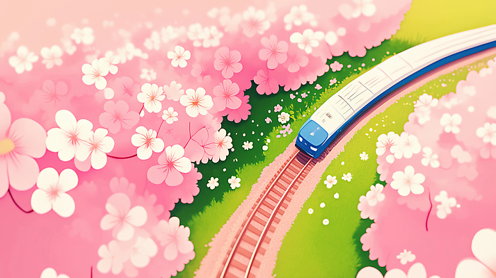 JPG 분홍색 일러스트 봄꽃 잔디 사람없음 봄풍경 기찻길 기차 벚나무 국내일러스트 AI일러스트 AI콘텐츠 나무 식물 꽃 육상교통 컬러 대중교통 풍경 봄 벚꽃 파일형식