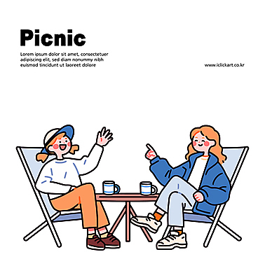전신 여자 일러스트 휴식 대화 미소 앉기 성인 두명 소풍 손들기 머그컵 다리꼬기 피크닉테이블 성인여자만 캠핑의자 일러캐릭터 AI파일 캐릭터 컨셉 의자 모션 탁자 표정 캠핑도구 말하기 사람 컵 야외활동 여자만 성인만 파일형식 벡터