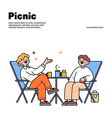 전신 남자 일러스트 휴식 대화 미소 앉기 성인 두명 반짝임 소풍 손들기 머그컵 다리꼬기 보온병 피크닉테이블 성인남자만 캠핑의자 일러캐릭터 AI파일 캐릭터 컨셉 의자 모션 탁자 표정 캠핑도구 말하기 사람 컵 야외활동 남자만 성인만 파일형식 벡터