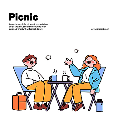 전신 여자 남자 별 가방 일러스트 휴식 대화 미소 앉기 성인 두명 소풍 손들기 머그컵 피크닉테이블 성인만 캠핑의자 일러캐릭터 AI파일 자연요소 캐릭터 잡화 컨셉 의자 모션 탁자 표정 캠핑도구 말하기 사람 컵 야외활동 파일형식 벡터