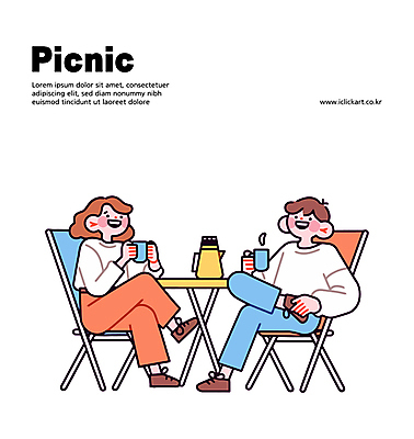 전신 여자 남자 일러스트 휴식 대화 미소 들기 앉기 성인 두명 소풍 손들기 머그컵 다리꼬기 포트 피크닉테이블 성인만 캠핑의자 일러캐릭터 AI파일 캐릭터 컨셉 의자 모션 탁자 표정 캠핑도구 말하기 사람 컵 야외활동 파일형식 벡터