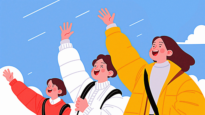 JPG 구름 여자 남자 행복 가방 일러스트 상상 청소년 하늘 미소 상반신 세명 노란색 주머니손 손인사 십대만 국내일러스트 AI일러스트 AI콘텐츠 자연요소 잡화 감정 컬러 모션 표정 사람 인사 파일형식