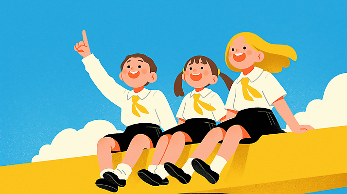 JPG 전신 구름 여자 남자 행복 교복 일러스트 상상 청소년 하늘 미소 앉기 세명 노란색 가리킴 십대만 국내일러스트 AI일러스트 AI콘텐츠 자연요소 옷 감정 컬러 모션 표정 사람 손짓 파일형식