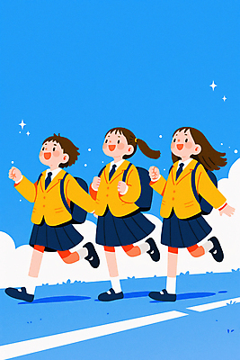 JPG 전신 구름 여자 행복 교복 일러스트 상상 청소년 하늘 책가방 미소 세명 파란색 반짝임 노란색 걷기 잡기 십대여자만 국내일러스트 AI일러스트 AI콘텐츠 자연요소 옷 감정 컬러 가방 모션 표정 사람 여자만 십대만 파일형식