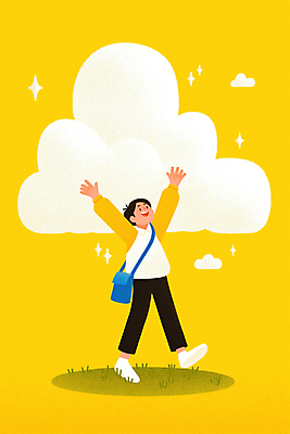 JPG 전신 구름 남자 행복 일러스트 상상 청소년 한명 미소 반짝임 노란색 만세 크로스백 십대남자한명만 국내일러스트 AI일러스트 AI콘텐츠 자연요소 1 감정 컬러 가방 모션 표정 사람 남자한명만 십대남자만 파일형식