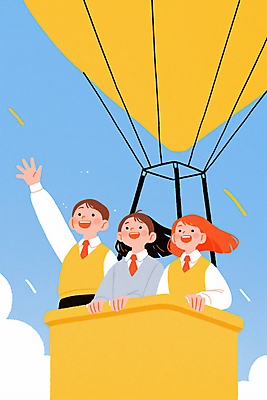 JPG 구름 여자 남자 행복 교복 일러스트 상상 청소년 하늘 미소 상반신 세명 노란색 손들기 열기구 십대만 국내일러스트 AI일러스트 AI콘텐츠 자연요소 옷 감정 컬러 항공교통 모션 표정 사람 파일형식