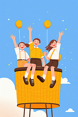 JPG 전신 구름 여자 남자 행복 일러스트 상상 청소년 하늘 미소 앉기 세명 노란색 손인사 풍선 십대만 국내일러스트 AI일러스트 AI콘텐츠 자연요소 감정 컬러 모션 표정 사람 인사 파일형식