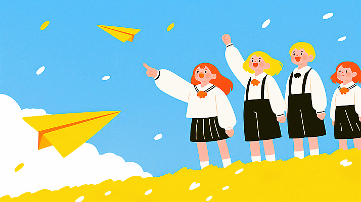 JPG 전신 구름 여자 남자 행복 교복 일러스트 상상 청소년 하늘 미소 여러명 노란색 손들기 가리킴 종이비행기 십대만 국내일러스트 AI일러스트 AI콘텐츠 자연요소 옷 감정 컬러 다수 모션 표정 사람 손짓 종이접기 파일형식