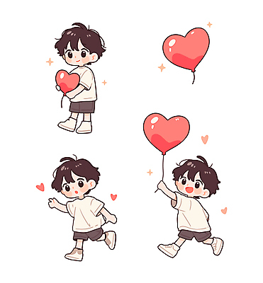 전신 남자 어린이 일러스트 사랑 미소 들기 소년 여러명 반짝임 하트풍선 소년만 일러캐릭터 AI파일 캐릭터 감정 다수 모션 표정 사람 하트 풍선 남자만 어린이만 파일형식 벡터