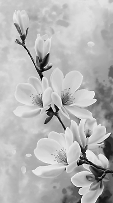 JPG 꽃잎 예술 일러스트 흑백 사람없음 봄풍경 회색 나뭇가지 우아함 목련 국내일러스트 AI일러스트 AI콘텐츠 나무 꽃 컬러 컨셉 촬영기법 풍경 봄 파일형식