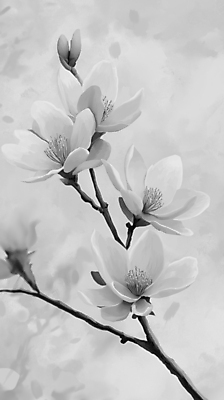 JPG 꽃잎 예술 일러스트 흑백 사람없음 봄풍경 회색 나뭇가지 우아함 목련 국내일러스트 AI일러스트 AI콘텐츠 나무 꽃 컬러 컨셉 촬영기법 풍경 봄 파일형식