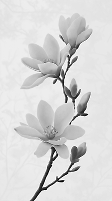 JPG 꽃잎 예술 일러스트 흑백 사람없음 봄풍경 회색 나뭇가지 우아함 목련 국내일러스트 AI일러스트 AI콘텐츠 나무 꽃 컬러 컨셉 촬영기법 풍경 봄 파일형식
