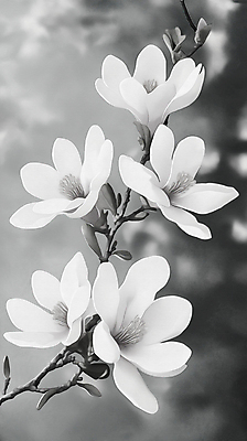 JPG 꽃잎 예술 일러스트 흑백 사람없음 봄풍경 회색 나뭇가지 우아함 목련 국내일러스트 AI일러스트 AI콘텐츠 나무 꽃 컬러 컨셉 촬영기법 풍경 봄 파일형식