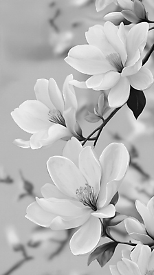 JPG 꽃잎 예술 일러스트 흑백 사람없음 봄풍경 회색 나뭇가지 우아함 목련 국내일러스트 AI일러스트 AI콘텐츠 나무 꽃 컬러 컨셉 촬영기법 풍경 봄 파일형식