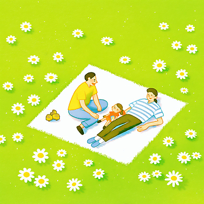 JPG 전신 여자 남자 어린이 꽃밭 일러스트 가족 휴식 앉기 소녀 잔디 성인 세명 연두색 눕기 소풍 돗자리 국내일러스트 AI일러스트 AI콘텐츠 식물 꽃 컨셉 관계 모션 사람 초록색 야외활동 파일형식