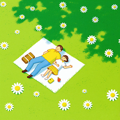 JPG 전신 여자 남자 어린이 꽃밭 가방 일러스트 휴식 소녀 잔디 성인 두명 연두색 눕기 소풍 그늘 돗자리 부녀 국내일러스트 AI일러스트 AI콘텐츠 식물 잡화 꽃 딸 컨셉 가족 모션 사람 초록색 야외활동 아빠 파일형식