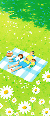 JPG 전신 여자 남자 어린이 꽃밭 일러스트 가족 휴식 소녀 잔디 성인 세명 연두색 눕기 소풍 그늘 돗자리 소풍바구니 국내일러스트 AI일러스트 AI콘텐츠 식물 꽃 컨셉 관계 모션 사람 초록색 야외활동 바구니 파일형식