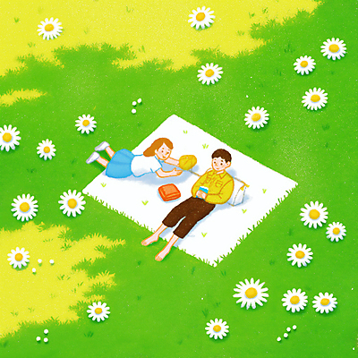 JPG 전신 커플 여자 남자 엎드리기 꽃밭 일러스트 휴식 잔디 성인 두명 연두색 눕기 소풍 그늘 돗자리 성인만 국내일러스트 AI일러스트 AI콘텐츠 식물 꽃 컨셉 관계 모션 사람 초록색 야외활동 파일형식