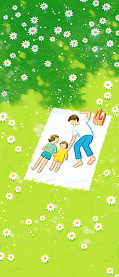 JPG 전신 여자 남자 어린이 꽃밭 일러스트 가족 휴식 소녀 소년 잔디 성인 세명 연두색 눕기 소풍 그늘 돗자리 소풍바구니 국내일러스트 AI일러스트 AI콘텐츠 식물 꽃 컨셉 관계 모션 사람 초록색 야외활동 바구니 파일형식