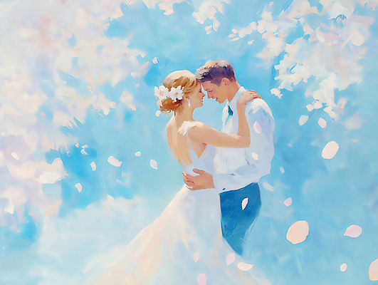 JPG 여자 남자 꽃잎 행복 신부 웨딩드레스 허리손 신랑 일러스트 봄꽃 결혼식 사랑 미소 턱시도 성인 두명 햇빛 눈감음 로맨틱 벚꽃 그림 유화 성인만 머리맞대기 어깨에손 국내일러스트 AI일러스트 AI콘텐츠 드레스 꽃 감정 포즈 결혼 컨셉 모션 표정 미술 사람 정장 태양 봄 파일형식