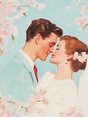 JPG 여자 남자 행복 신부 웨딩드레스 신랑 일러스트 봄꽃 결혼식 사랑 미소 턱시도 상반신 성인 두명 햇빛 마주보기 눈감음 로맨틱 벚꽃 그림 유화 성인만 국내일러스트 AI일러스트 AI콘텐츠 드레스 꽃 감정 결혼 컨셉 모션 표정 미술 사람 정장 태양 봄 파일형식