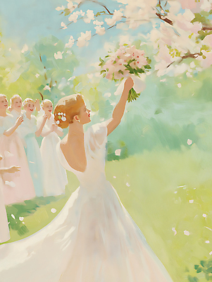JPG 여자 행복 신부 부케 웨딩드레스 잎 일러스트 봄꽃 결혼식 사랑 미소 들기 잔디 여러명 성인 야외 햇빛 로맨틱 벚꽃 그림 유화 성인여자만 국내일러스트 AI일러스트 AI콘텐츠 식물 드레스 꽃 감정 꽃다발 다수 결혼 컨셉 모션 표정 미술 사람 태양 봄 여자만 성인만 파일형식