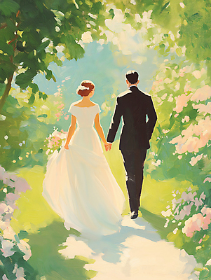 JPG 전신 여자 남자 꽃 행복 신부 웨딩드레스 신랑 일러스트 봄꽃 결혼식 나뭇잎 사랑 턱시도 성인 두명 햇빛 걷기 손잡기 로맨틱 잡기 숲속 그림 유화 성인만 국내일러스트 AI일러스트 AI콘텐츠 식물 드레스 감정 결혼 컨셉 잎 모션 미술 사람 정장 태양 봄 숲 파일형식