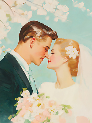 JPG 여자 남자 행복 신부 부케 웨딩드레스 신랑 일러스트 봄꽃 결혼식 면사포 사랑 미소 턱시도 상반신 성인 두명 햇빛 마주보기 눈감음 로맨틱 벚꽃 그림 유화 성인만 국내일러스트 AI일러스트 AI콘텐츠 드레스 꽃 감정 꽃다발 결혼 컨셉 모션 표정 미술 사람 정장 태양 봄 결혼소품 파일형식