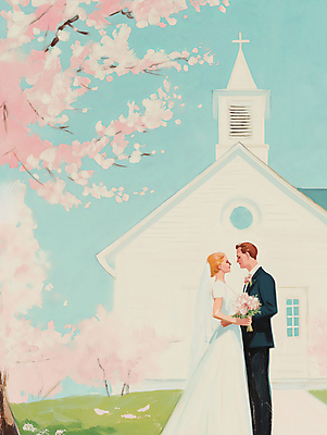 JPG 전신 여자 남자 행복 신부 부케 웨딩드레스 허리손 신랑 일러스트 봄꽃 결혼식 면사포 사랑 미소 들기 턱시도 성인 두명 햇빛 성당 마주보기 로맨틱 벚나무 그림 유화 성인만 국내일러스트 AI일러스트 AI콘텐츠 나무 드레스 꽃 감정 꽃다발 포즈 결혼 컨셉 종교건축 모션 표정 미술 사람 정장 태양 봄 벚꽃 결혼소품 파일형식