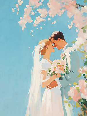 JPG 여자 남자 행복 신부 부케 웨딩드레스 허리손 신랑 일러스트 봄꽃 결혼식 면사포 사랑 미소 들기 턱시도 성인 두명 햇빛 눈감음 로맨틱 벚꽃 그림 유화 성인만 머리맞대기 국내일러스트 AI일러스트 AI콘텐츠 드레스 꽃 감정 꽃다발 포즈 결혼 컨셉 모션 표정 미술 사람 정장 태양 봄 결혼소품 파일형식