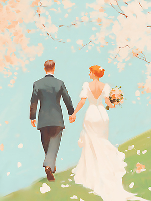 JPG 전신 여자 남자 행복 신부 부케 웨딩드레스 신랑 일러스트 봄꽃 결혼식 사랑 들기 턱시도 성인 두명 햇빛 걷기 손잡기 로맨틱 벚꽃 그림 유화 성인만 국내일러스트 AI일러스트 AI콘텐츠 드레스 꽃 감정 꽃다발 결혼 컨셉 모션 미술 사람 정장 태양 봄 파일형식