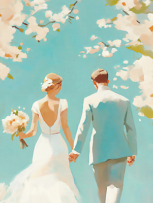JPG 여자 남자 행복 신부 부케 웨딩드레스 신랑 일러스트 봄꽃 결혼식 사랑 들기 턱시도 성인 두명 햇빛 걷기 손잡기 로맨틱 벚꽃 그림 유화 성인만 국내일러스트 AI일러스트 AI콘텐츠 드레스 꽃 감정 꽃다발 결혼 컨셉 모션 미술 사람 정장 태양 봄 파일형식
