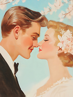 JPG 여자 남자 행복 얼굴 신부 웨딩드레스 신랑 일러스트 봄꽃 결혼식 사랑 미소 턱시도 성인 두명 햇빛 눈감음 로맨틱 벚꽃 그림 유화 성인만 국내일러스트 AI일러스트 AI콘텐츠 드레스 꽃 감정 결혼 컨셉 모션 표정 미술 사람 정장 신체부위 태양 봄 파일형식