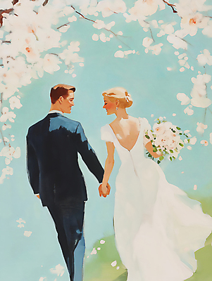 JPG 전신 여자 남자 행복 신부 부케 웨딩드레스 신랑 일러스트 봄꽃 결혼식 사랑 미소 들기 턱시도 성인 두명 햇빛 걷기 손잡기 로맨틱 벚꽃 그림 유화 성인만 국내일러스트 AI일러스트 AI콘텐츠 드레스 꽃 감정 꽃다발 결혼 컨셉 모션 표정 미술 사람 정장 태양 봄 파일형식